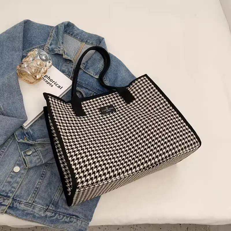 Plaid Versatile Tote Women's Bag Large Capacity Fashion Canvas Bag Solid Simple Shoulder Bag Multifunctional Handbag