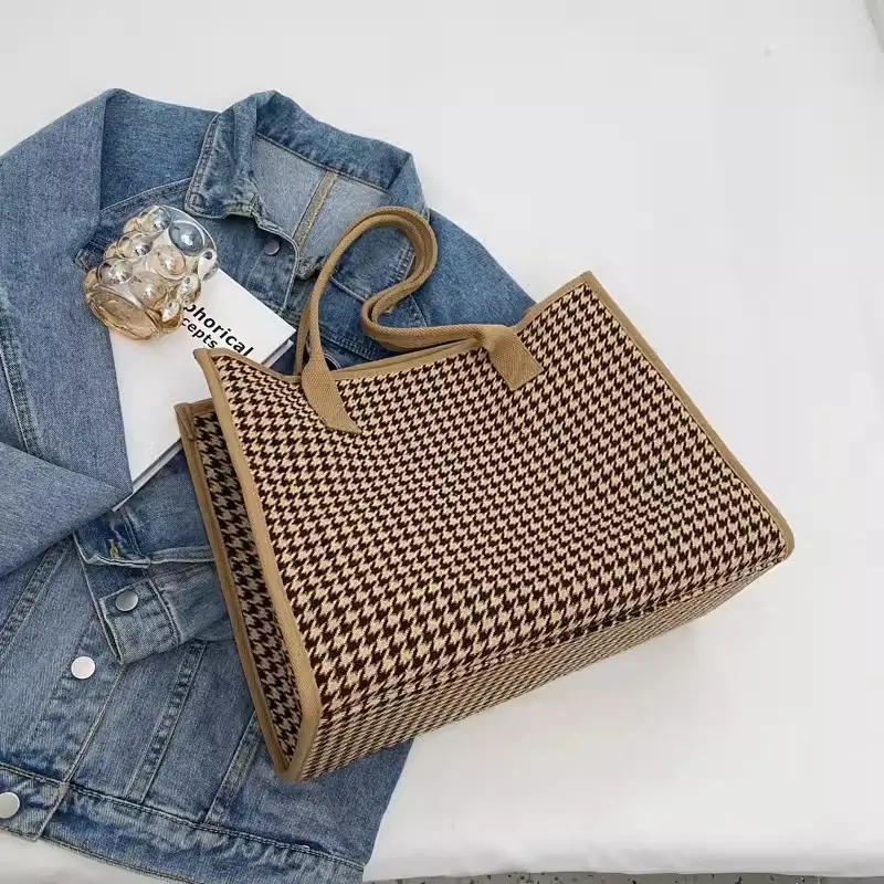Plaid Versatile Tote Women's Bag Large Capacity Fashion Canvas Bag Solid Simple Shoulder Bag Multifunctional Handbag