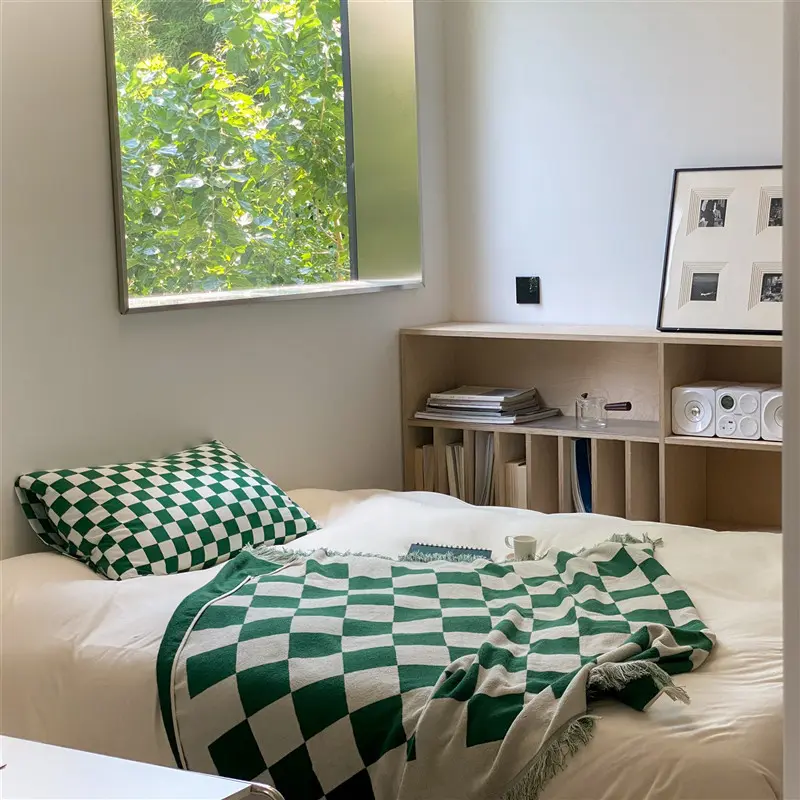 Retro Chessboard Plaid Blanket Soft Checker Plaid Pattern Nap Blanket Pure Cotton Color Matching Tassel Air Conditioning Blanket