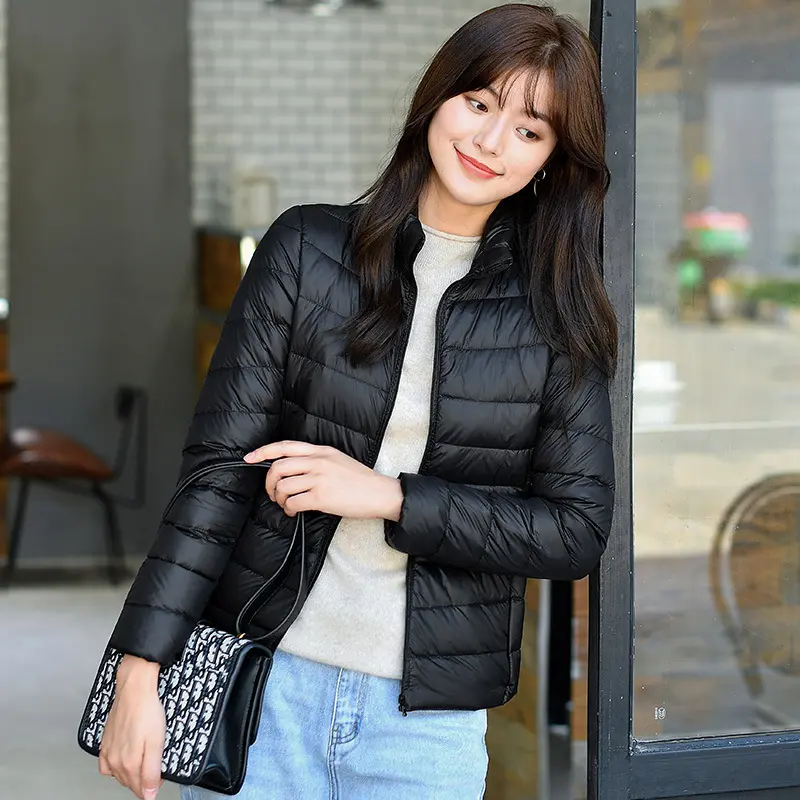 Women Puffer Jacket Korean Stand Collar Fashion Short Slim White Duck Down Warm Female Ultra Lightweight Packable Coat