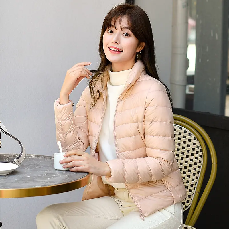 Women Puffer Jacket Korean Stand Collar Fashion Short Slim White Duck Down Warm Female Ultra Lightweight Packable Coat