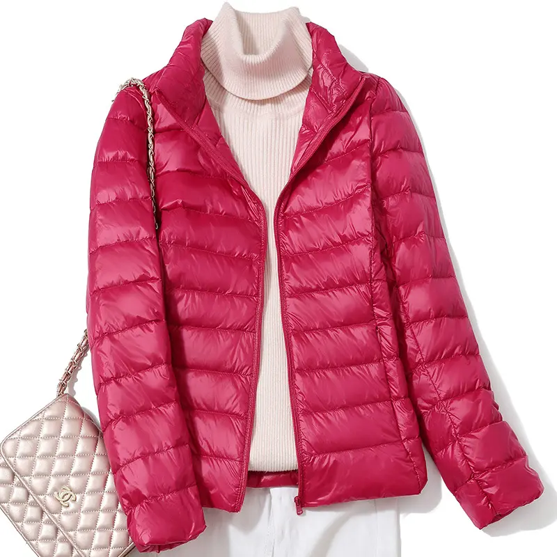 Women Puffer Jacket Korean Stand Collar Fashion Short Slim White Duck Down Warm Female Ultra Lightweight Packable Coat