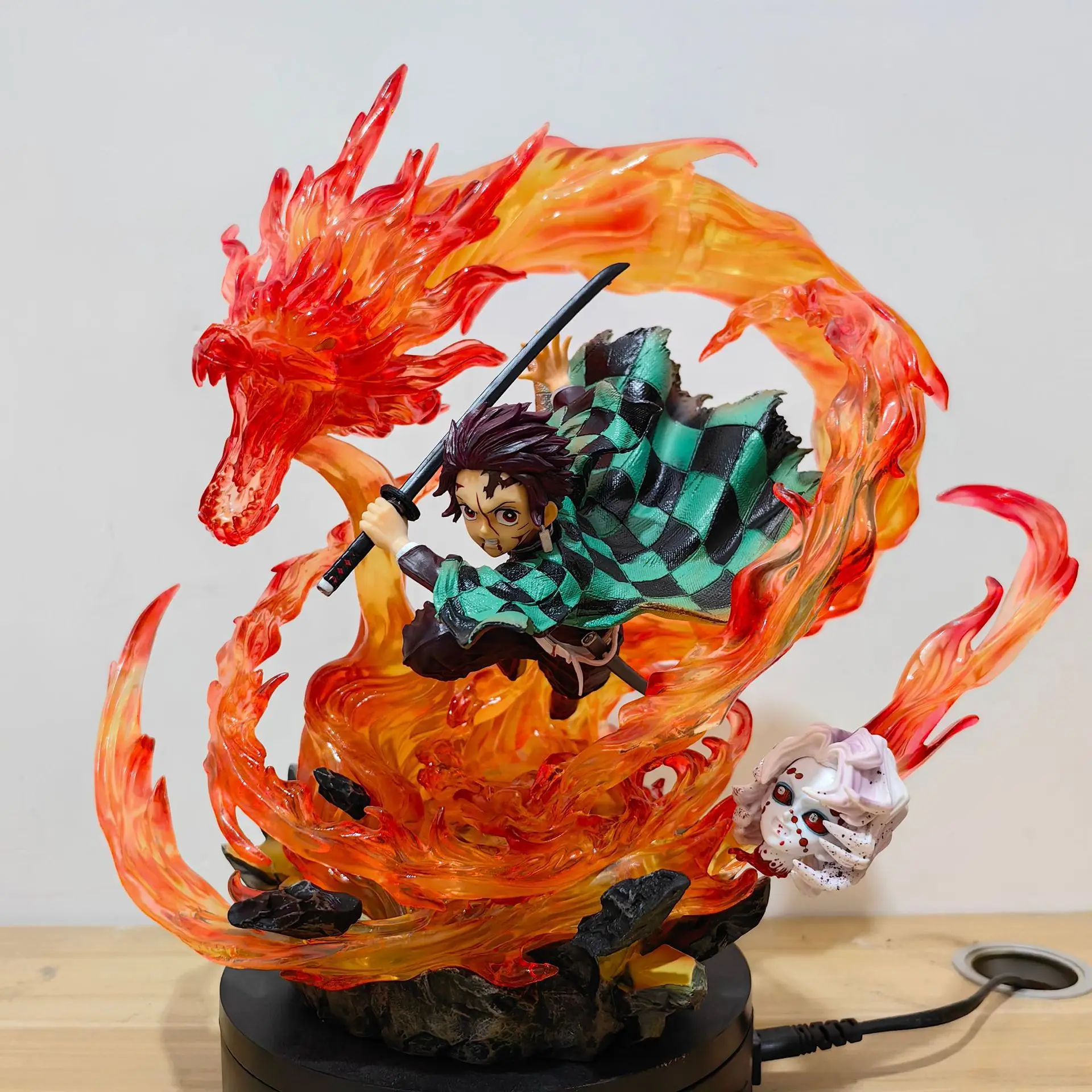 30cm Demon Slayer Anime Figurine Tanjirou Kamado Pvc Action Figure model dolls Gk Statue Fire Dragon Withled Light Decor toy gif