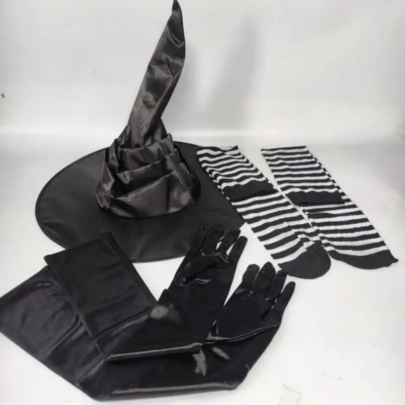 Halloween Witch Hat Cosplay Costume Black Folds Wizard Hat Striped Socks Long Gloves Set Headgear Decor Props For Adult New