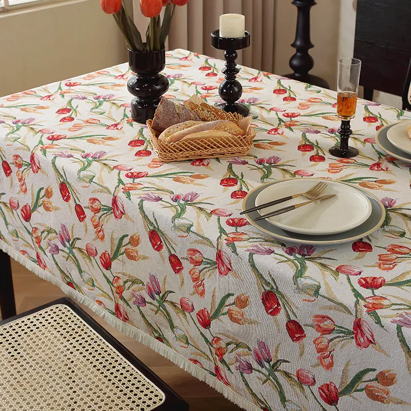 Boho Rectangle Tablecloths Red Badges Pattern Jacquard Table Cloth for Christmas Halloween Dinner Birthday Parties