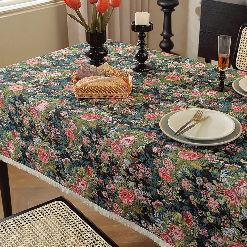 Boho Rectangle Tablecloths Red Badges Pattern Jacquard Table Cloth for Christmas Halloween Dinner Birthday Parties
