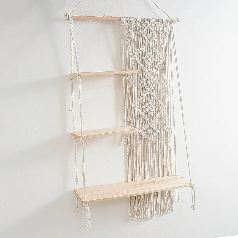 Boho Macrame Wall Hanging Shelf 3 Tier Handmade Woven Wood Organizer Shelves Wall Floating Plant Hanger for Home Decor