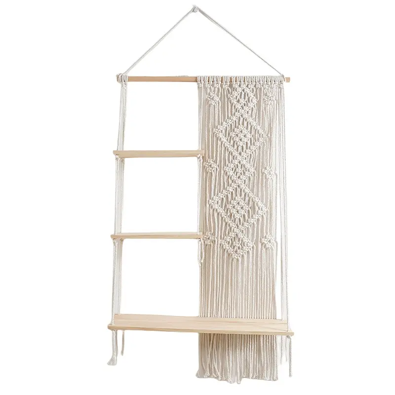 Boho Macrame Wall Hanging Shelf 3 Tier Handmade Woven Wood Organizer Shelves Wall Floating Plant Hanger for Home Decor