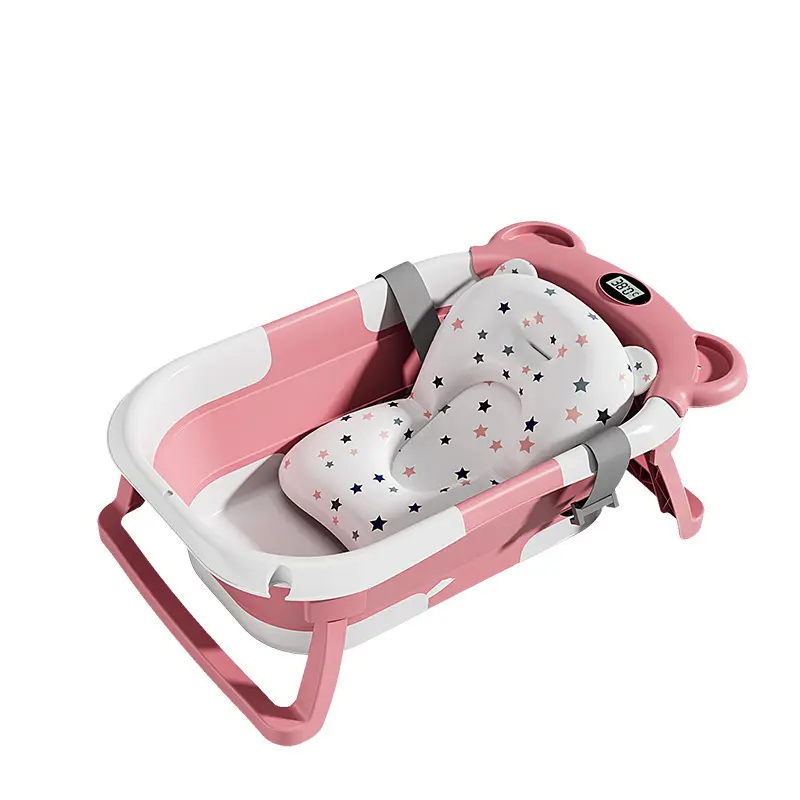 Household Baby Bathtub with Soft-Cushion for Newborn To Toddler Portable Travel Cartoon Bear Bathtub with Built-in Thermometer
