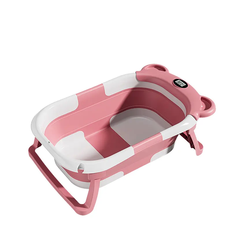 Household Baby Bathtub with Soft-Cushion for Newborn To Toddler Portable Travel Cartoon Bear Bathtub with Built-in Thermometer