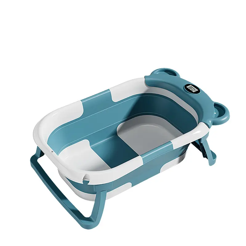 Household Baby Bathtub with Soft-Cushion for Newborn To Toddler Portable Travel Cartoon Bear Bathtub with Built-in Thermometer
