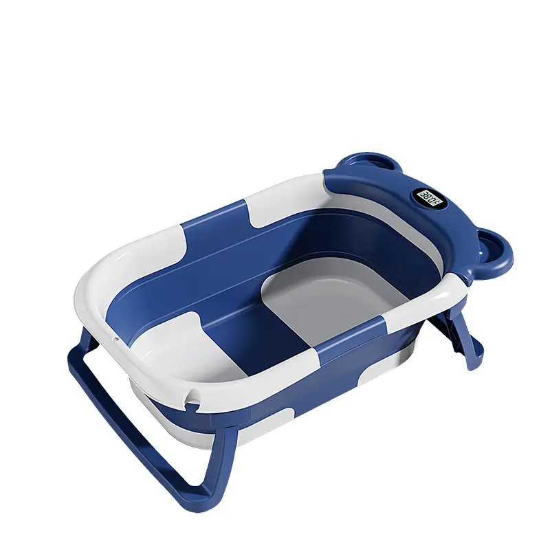 Household Baby Bathtub with Soft-Cushion for Newborn To Toddler Portable Travel Cartoon Bear Bathtub with Built-in Thermometer