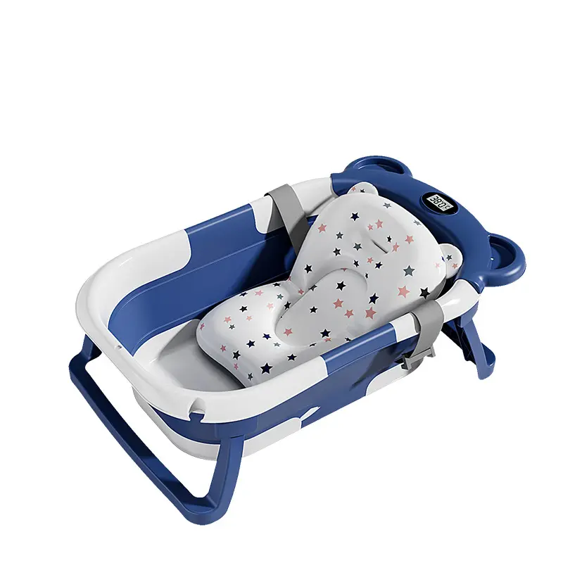 Household Baby Bathtub with Soft-Cushion for Newborn To Toddler Portable Travel Cartoon Bear Bathtub with Built-in Thermometer