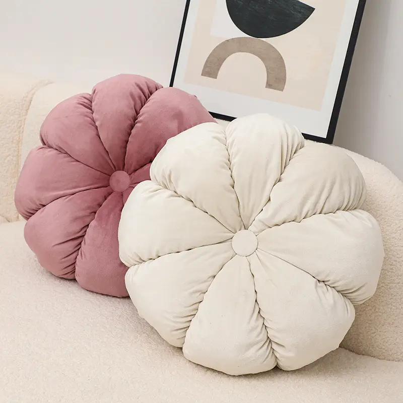 Nordic Ins-style Throw Pillow Velvet Pumpkin Cushion Solid Color Handmade Pleated Cushion for Sofa Living Room and Bay Window
