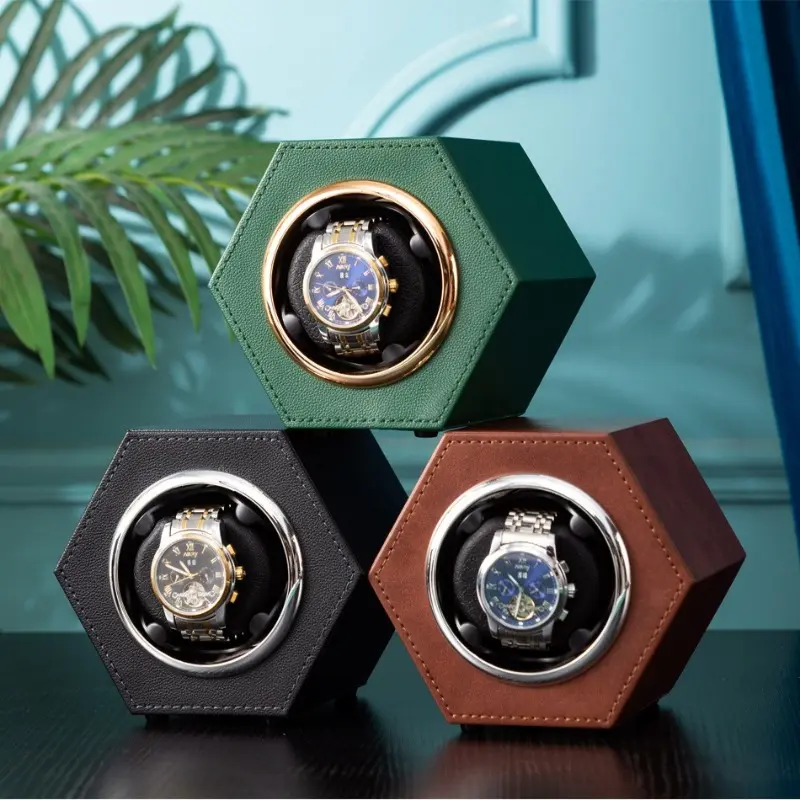 New Hexagonal Mini Single PU Watch Winder for Automatic Watches Watch Box Automatic Winder with USB Cable Two Adjustable Levels