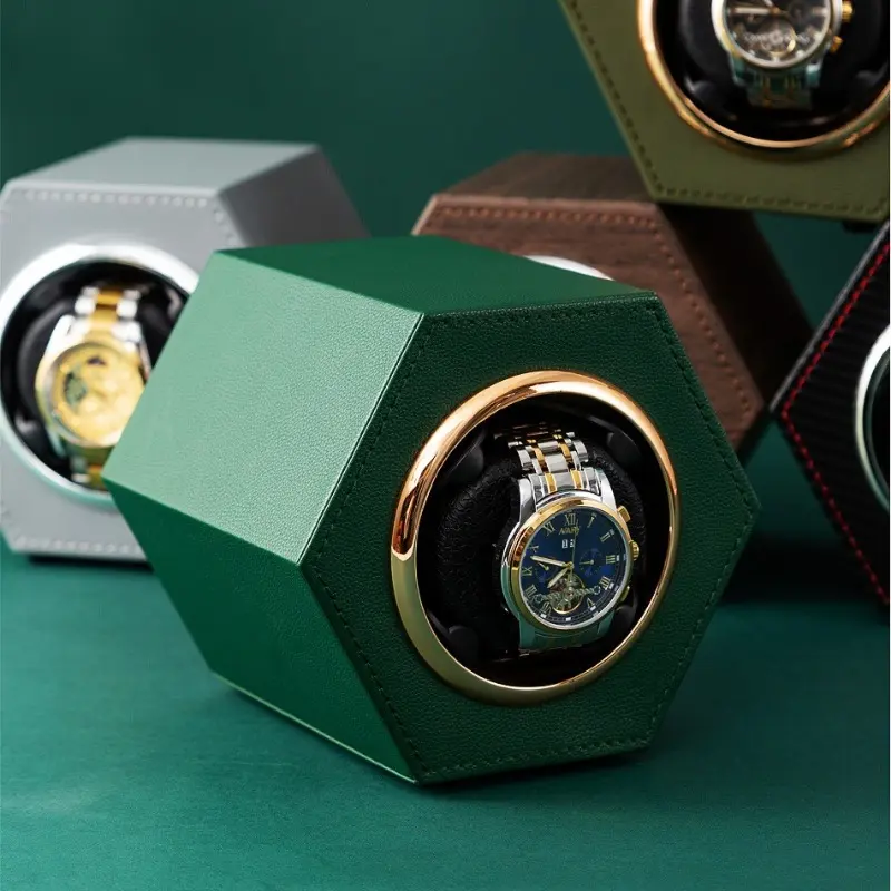 New Hexagonal Mini Single PU Watch Winder for Automatic Watches Watch Box Automatic Winder with USB Cable Two Adjustable Levels