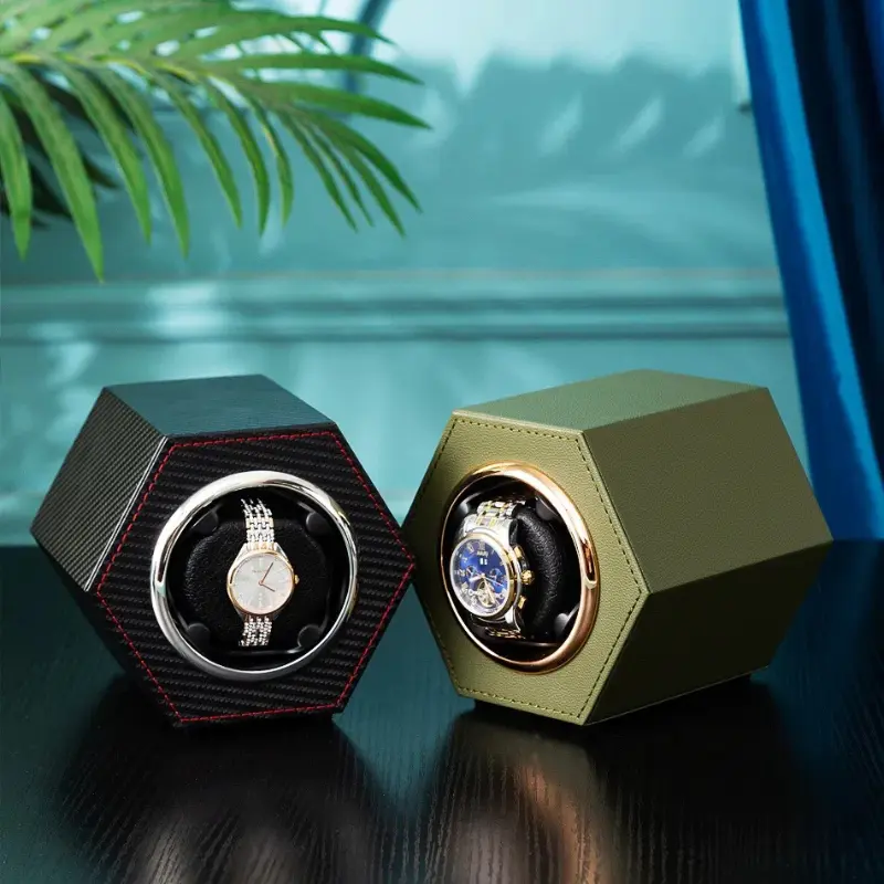 New Hexagonal Mini Single PU Watch Winder for Automatic Watches Watch Box Automatic Winder with USB Cable Two Adjustable Levels