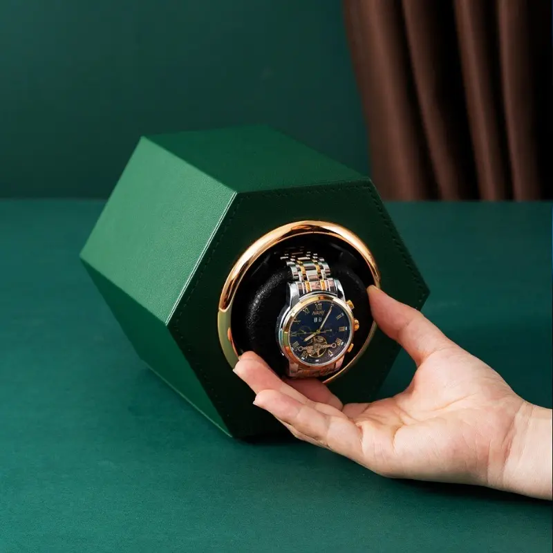 New Hexagonal Mini Single PU Watch Winder for Automatic Watches Watch Box Automatic Winder with USB Cable Two Adjustable Levels