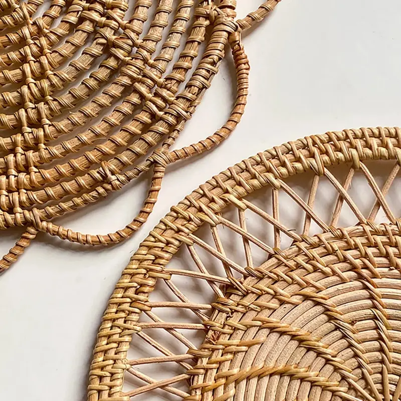 Bohemian Style Handmade Rattan Wall Hang Decor Round Wicker Tray Woven Wall Hanging Decor Country Style For Living Room Bedroom