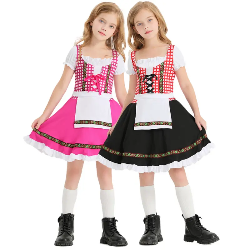 Oktoberfest Suit Performance Clothing German Traditional Children's Clothing Black and Pink Plaid Print Ethnic Holiday Costumes