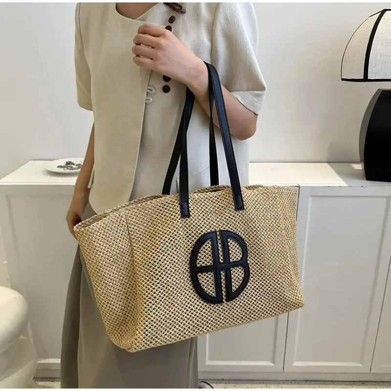 Straw Hollow Out Knitting Tote Bag Large Capacity Handmade Shoulder Handbag Women 2023 Designer Casual Beach Bag Ethnic Style