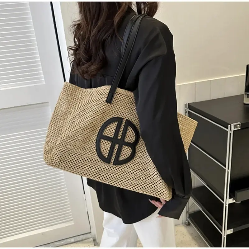 Straw Hollow Out Knitting Tote Bag Large Capacity Handmade Shoulder Handbag Women 2023 Designer Casual Beach Bag Ethnic Style