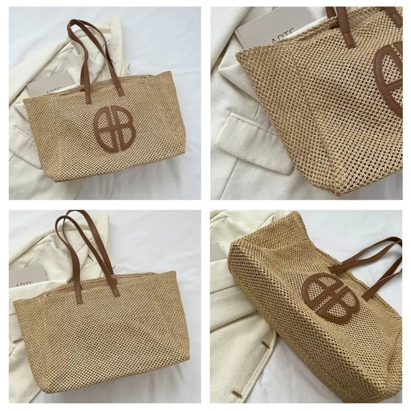 Straw Hollow Out Knitting Tote Bag Large Capacity Handmade Shoulder Handbag Women 2023 Designer Casual Beach Bag Ethnic Style
