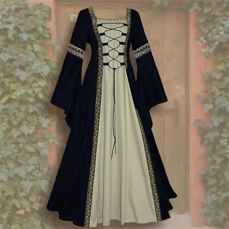 European and American Retro Square Neck Trumpet Sleeve Long Dress Gothic Retro Women's Medieval Court Robe Plus Size