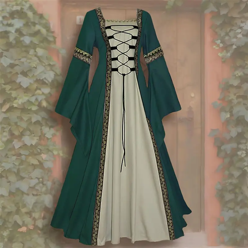 European and American Retro Square Neck Trumpet Sleeve Long Dress Gothic Retro Women's Medieval Court Robe Plus Size