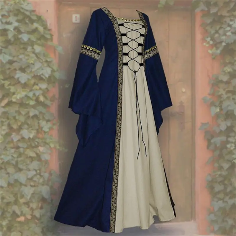 European and American Retro Square Neck Trumpet Sleeve Long Dress Gothic Retro Women's Medieval Court Robe Plus Size