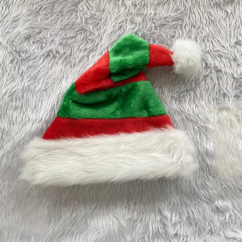 Christmas Red Green and White Elf Hat Plush Striped Splicing Christmas Hat High-end Decorative Gifts Christmas Hats