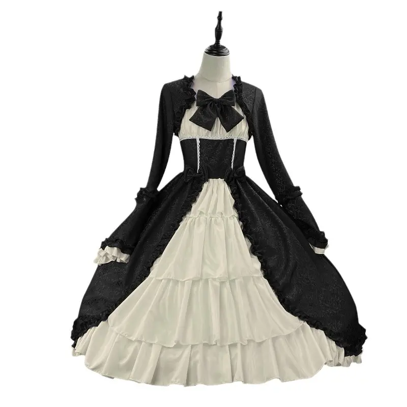 European and American Medieval Retro Gothic Court Dress with Square Neckline Waist Cinching and Spliced Bow Tie Dress