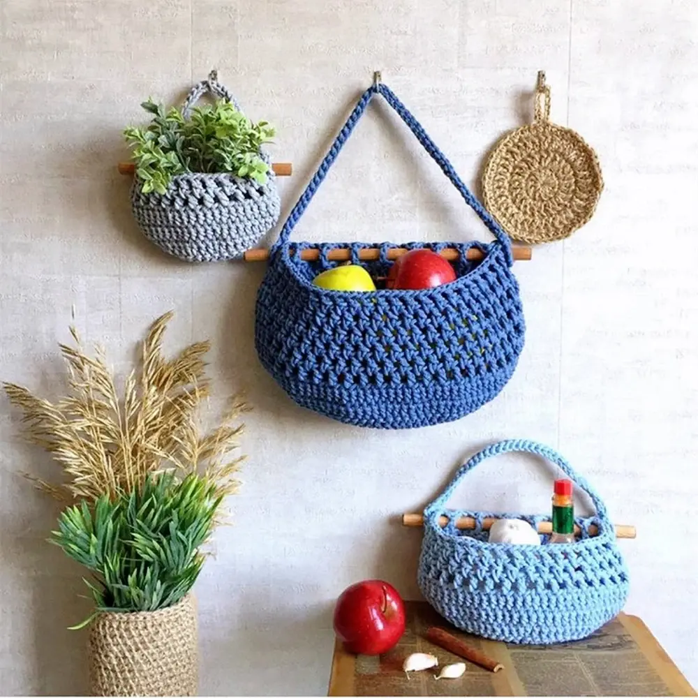 INS Hanging Fruit Baskets Small 3 Tier Storage Bag-3 Pack Handmade Woven Wall Hanging Kitchen Basket Macrame Storage Basket