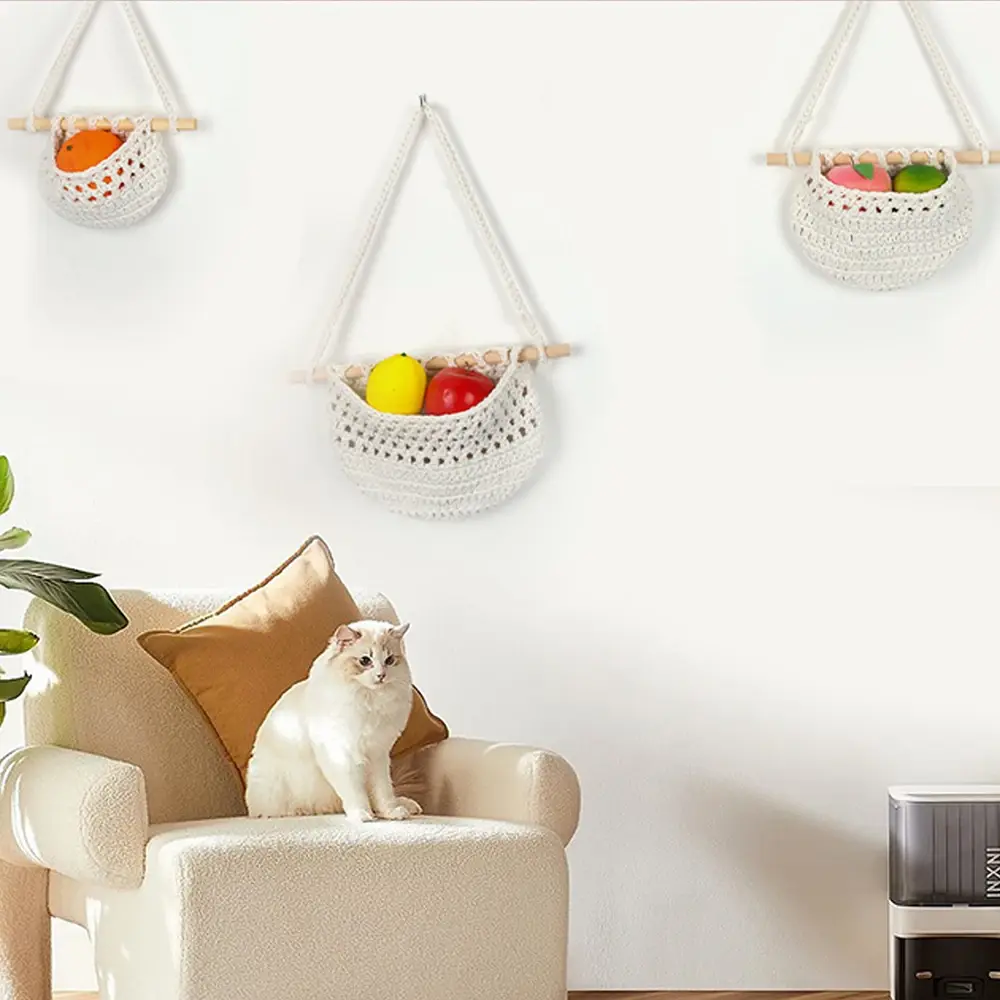 INS Hanging Fruit Baskets Small 3 Tier Storage Bag-3 Pack Handmade Woven Wall Hanging Kitchen Basket Macrame Storage Basket