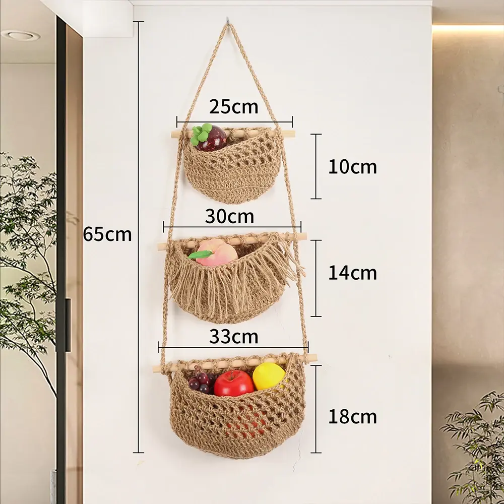 INS Hanging Fruit Baskets Small 3 Tier Storage Bag-3 Pack Handmade Woven Wall Hanging Kitchen Basket Macrame Storage Basket