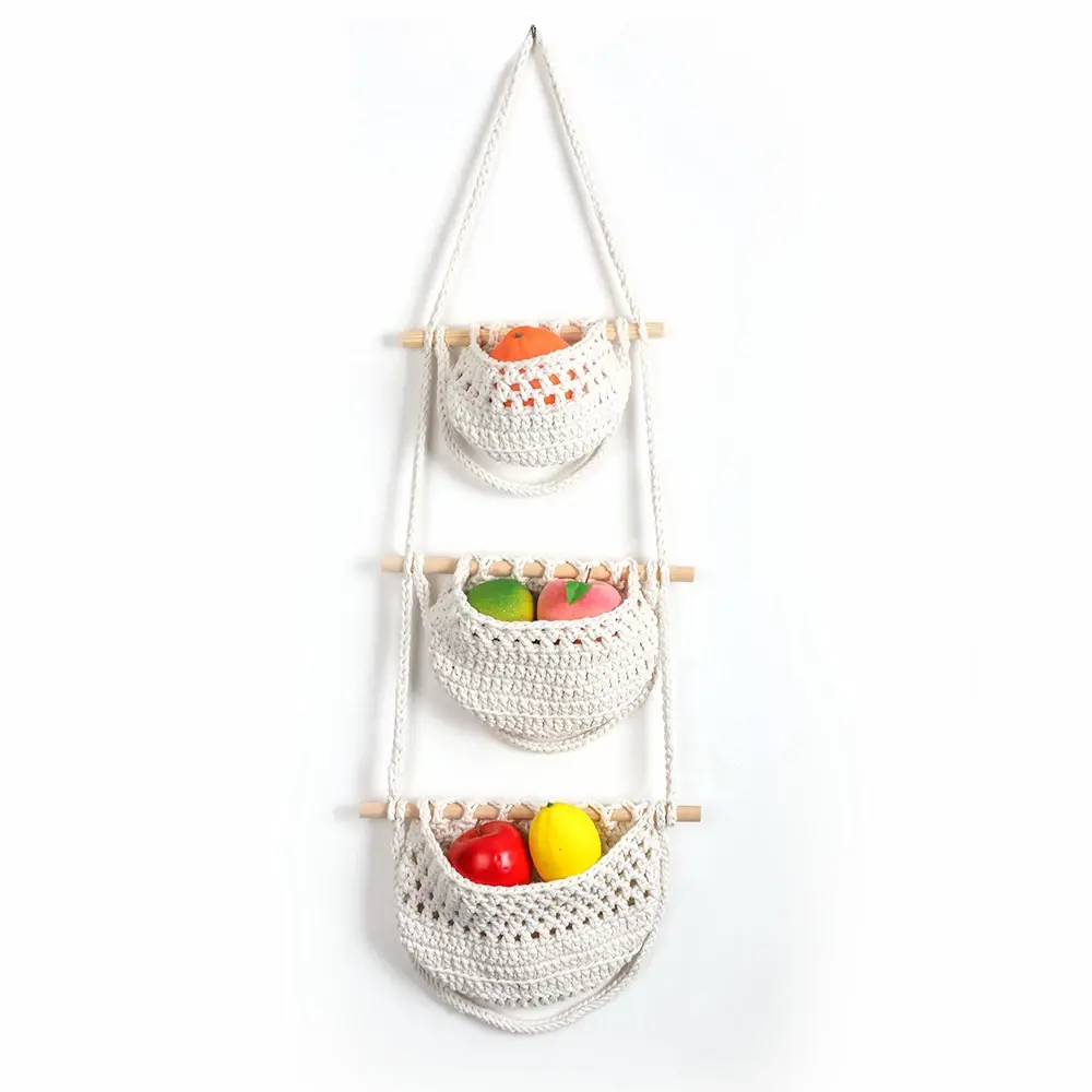 INS Hanging Fruit Baskets Small 3 Tier Storage Bag-3 Pack Handmade Woven Wall Hanging Kitchen Basket Macrame Storage Basket