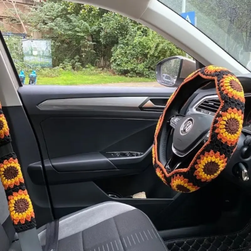 Hand Woven Cartoon Car Steering Wheel Cover Universal Anti Slip Car Steering Wheel Protection Cover Safety Belt Protection Cover