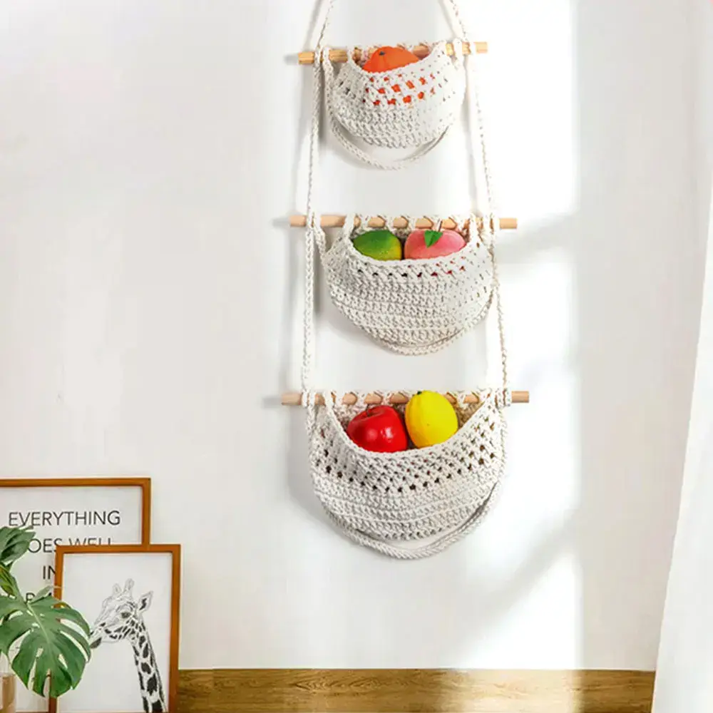 INS Hanging Fruit Baskets Small 3 Tier Storage Bag-3 Pack Handmade Woven Wall Hanging Kitchen Basket Macrame Storage Basket