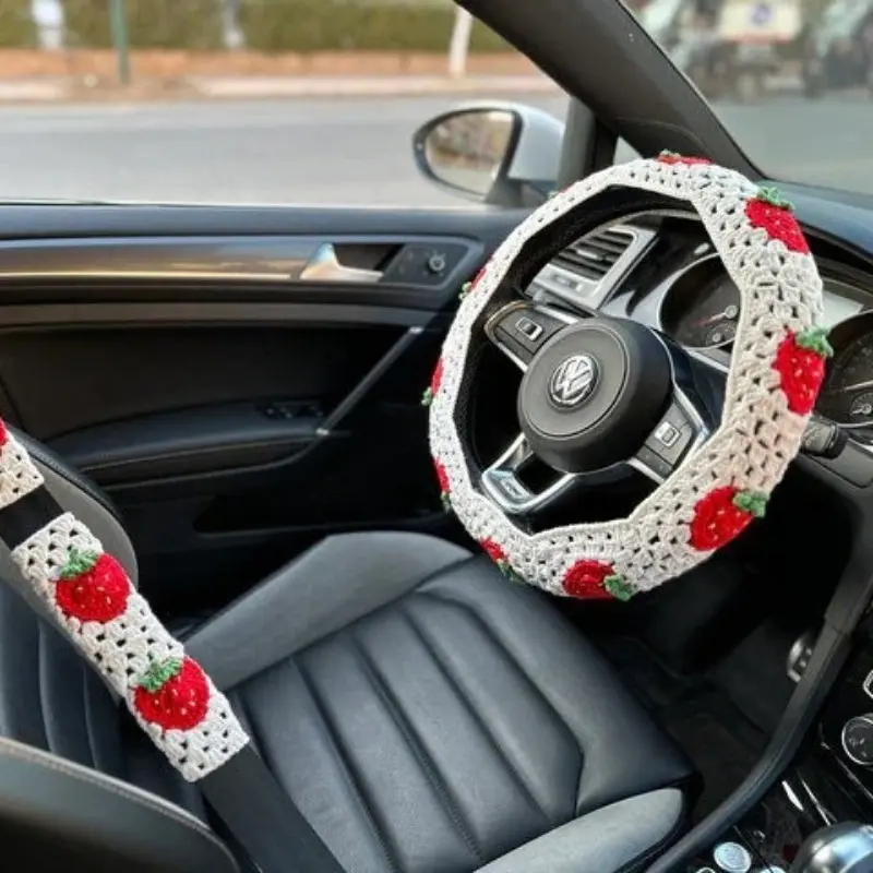 Hand Woven Cartoon Car Steering Wheel Cover Universal Anti Slip Car Steering Wheel Protection Cover Safety Belt Protection Cover