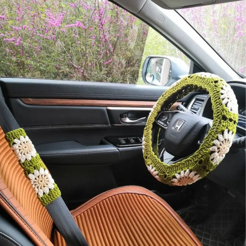 Hand Woven Cartoon Car Steering Wheel Cover Universal Anti Slip Car Steering Wheel Protection Cover Safety Belt Protection Cover