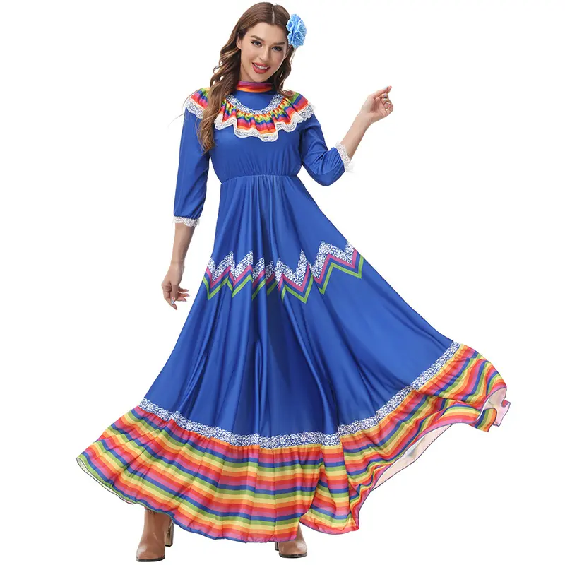 2pcs Bohemian Style Mexican Celebration Holiday Long Wide Swing Dance Skirt Stage Performance Costume Women's Ethnic Dress