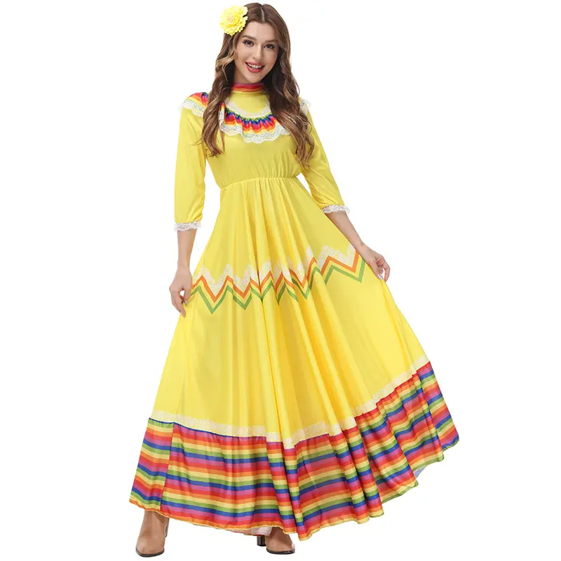 2pcs Bohemian Style Mexican Celebration Holiday Long Wide Swing Dance Skirt Stage Performance Costume Women's Ethnic Dress