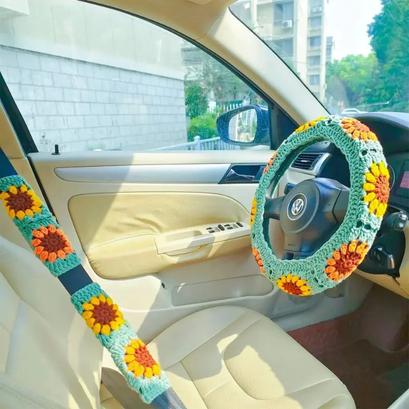 Hand Woven Cartoon Car Steering Wheel Cover Universal Anti Slip Car Steering Wheel Protection Cover Safety Belt Protection Cover