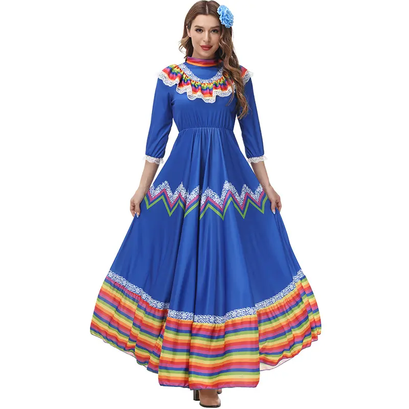 2pcs Bohemian Style Mexican Celebration Holiday Long Wide Swing Dance Skirt Stage Performance Costume Women's Ethnic Dress