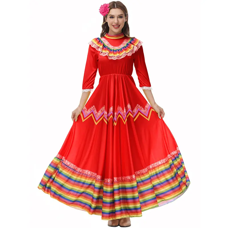2pcs Bohemian Style Mexican Celebration Holiday Long Wide Swing Dance Skirt Stage Performance Costume Women's Ethnic Dress