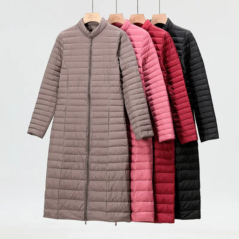 Woman's Ultra Light Down Jackets Stand Collar Slim Knee Length White Duck Down Coats Women Down Parkas Lady Overcoats