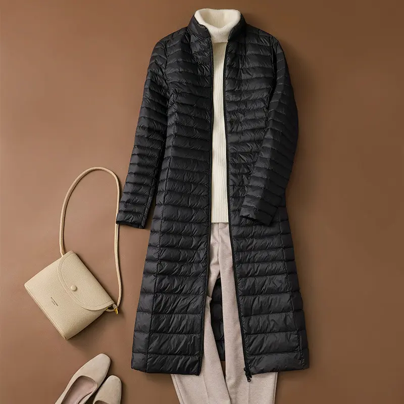 Woman's Ultra Light Down Jackets Stand Collar Slim Knee Length White Duck Down Coats Women Down Parkas Lady Overcoats