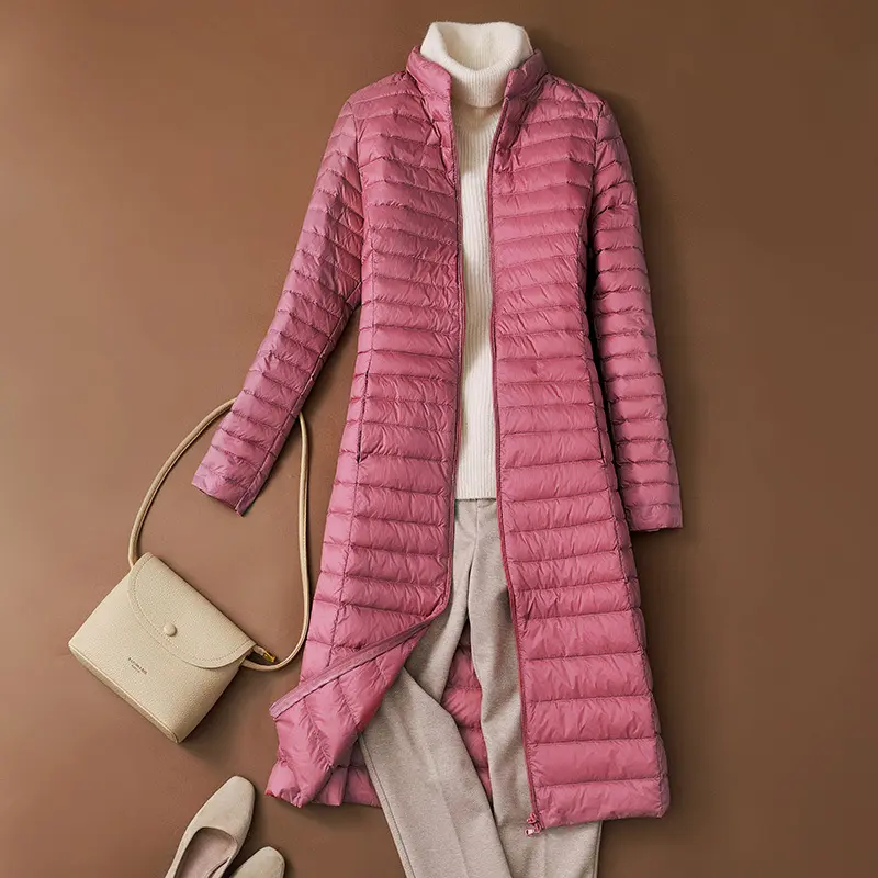 Woman's Ultra Light Down Jackets Stand Collar Slim Knee Length White Duck Down Coats Women Down Parkas Lady Overcoats