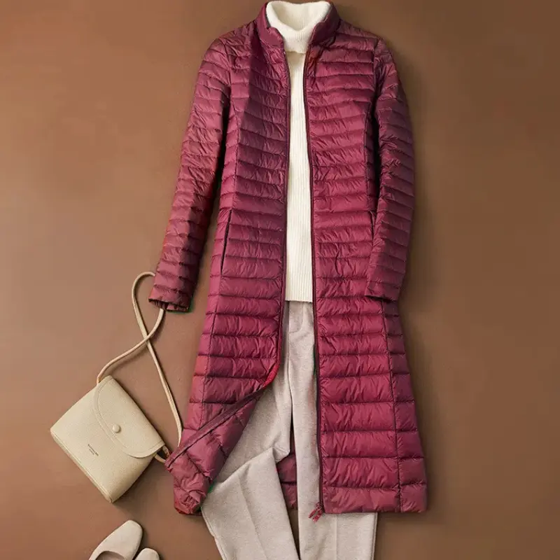Woman's Ultra Light Down Jackets Stand Collar Slim Knee Length White Duck Down Coats Women Down Parkas Lady Overcoats