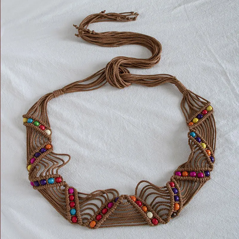 Ethnic Style Handmade Wooden Bead Dress Denim Belt with Bead Decoration Woven Strap Suitable For Women's Dress Hanging Basket